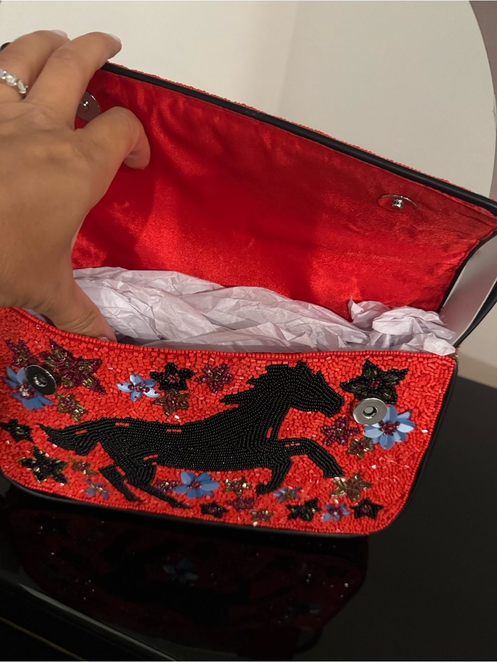 Staud Tommy Red Floral Horse Beaded Shoulder Bag limited Run - Picture 7 of 11